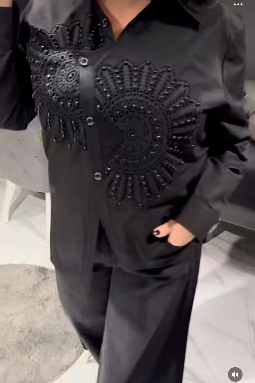 Midnight Embellished Statement Shirt – Luxe Black Button-Up