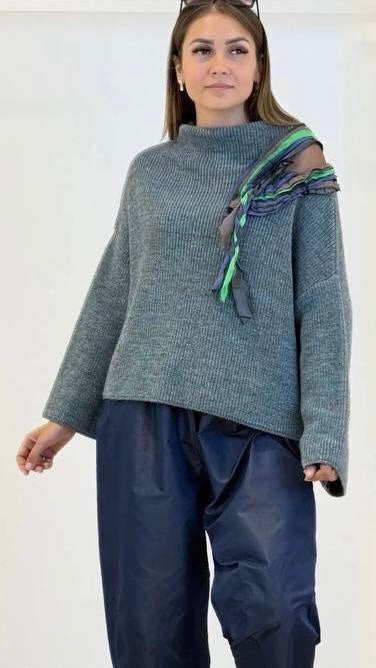 Plus Size Ribbed Knit Sweater with Sheer Boho Accent