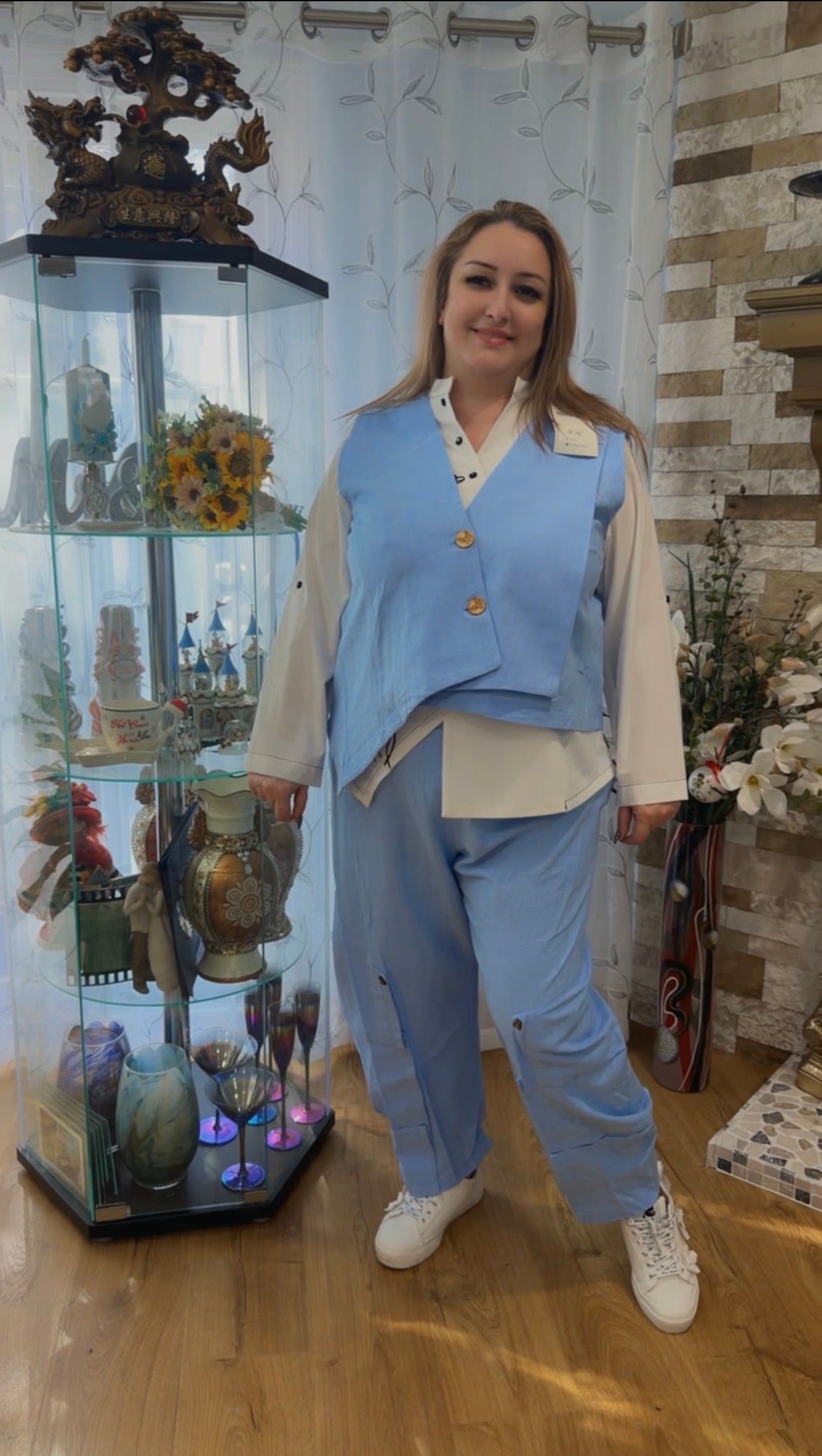 Women's Sleeveless Two-Piece Linen Set - Sky Blue