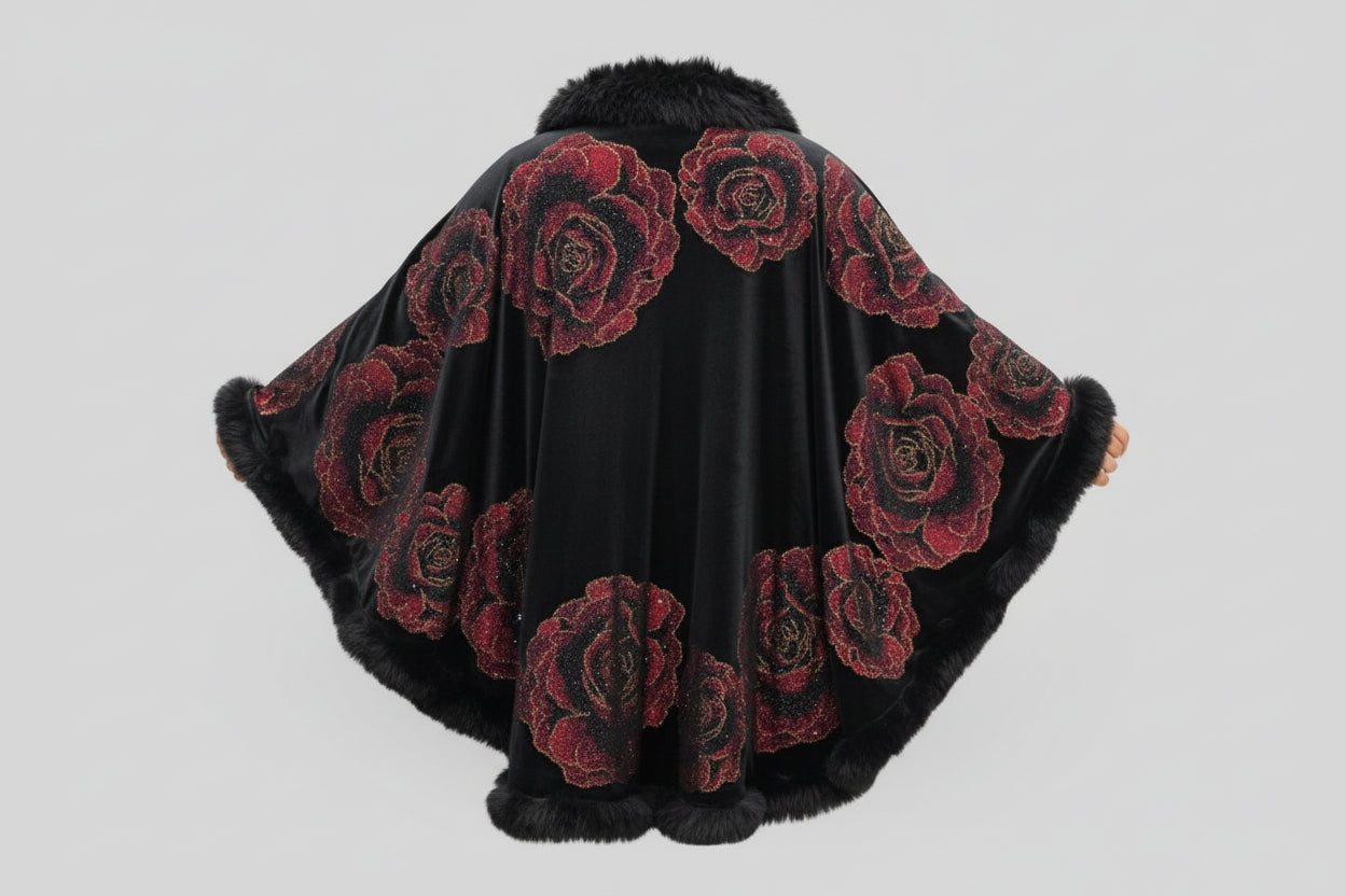Velour Poncho with Faux Fur & Sparkling Red Roses Design