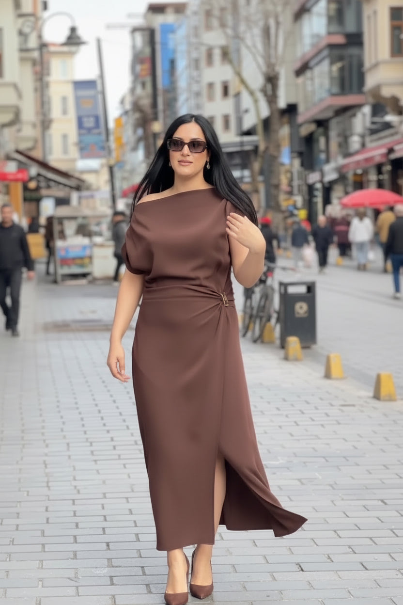 Elegant Chocolate Brown Draped Midi Dress