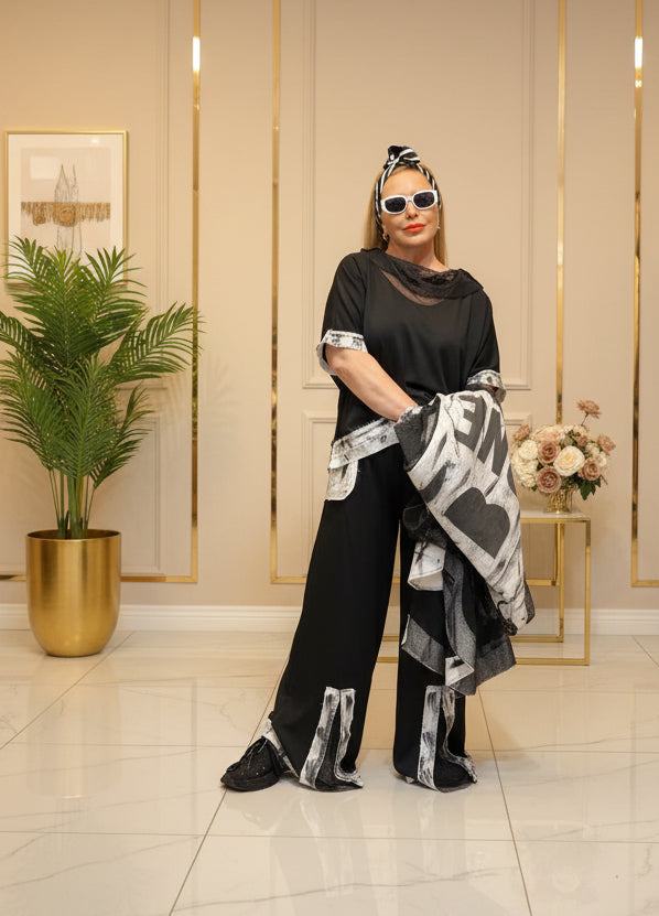 Abstract Print Three-Piece Set – Mesh Long Cardigan, Top & Wide-Leg Pants