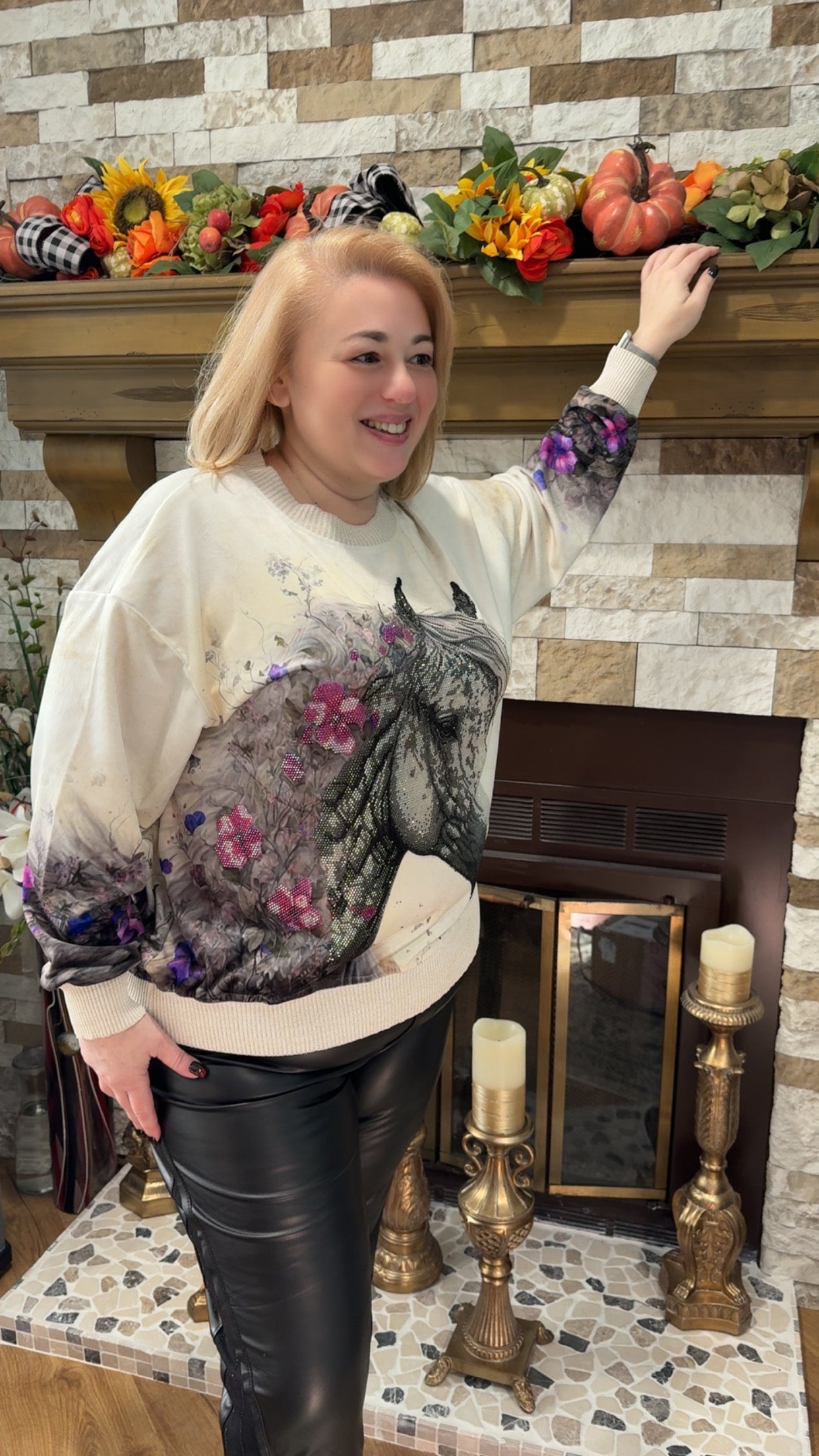 Dolce Ivory Velour Top with Horse Emblem and Bloom Details