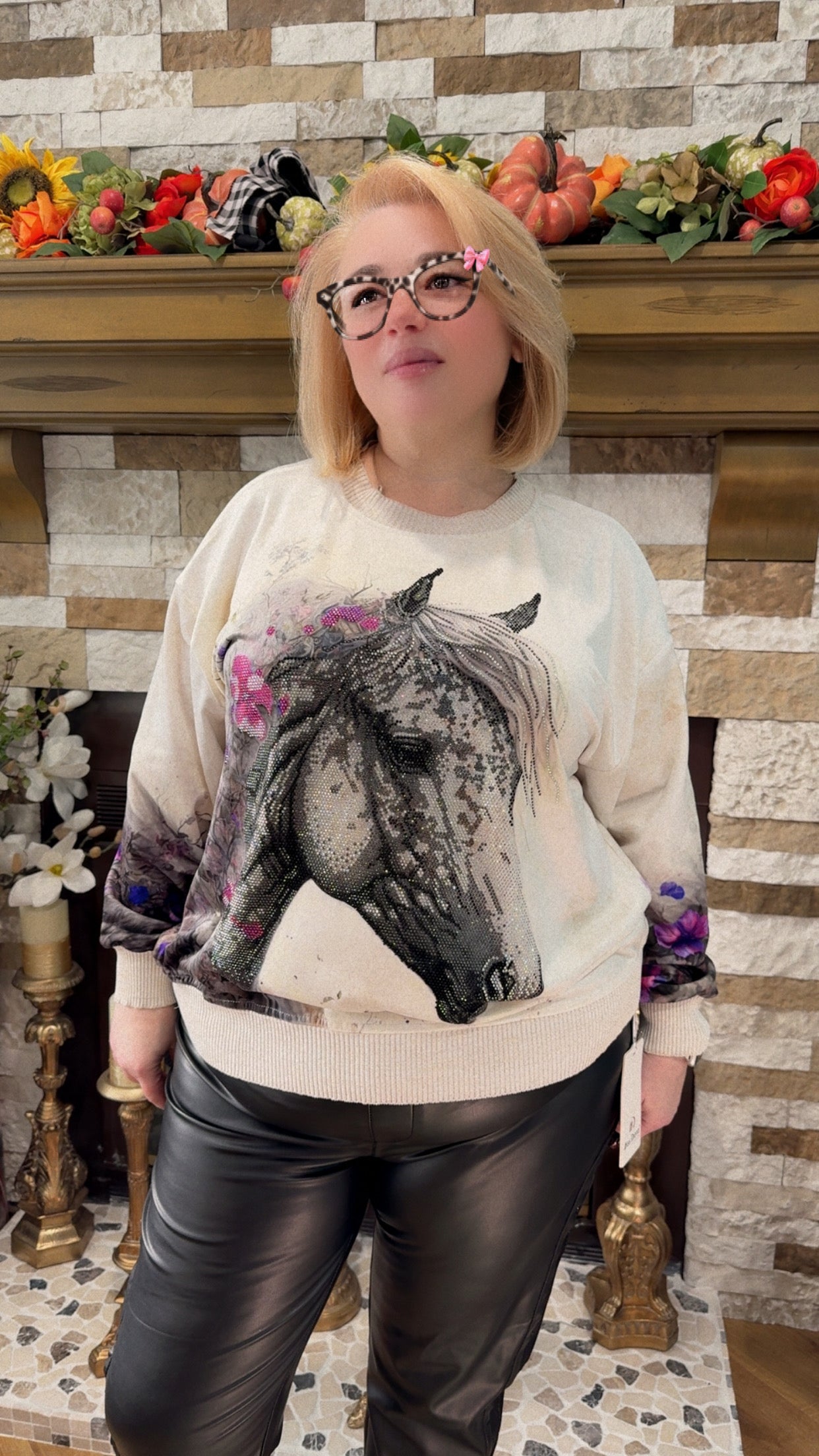 Dolce Ivory Velour Top with Horse Emblem and Bloom Details