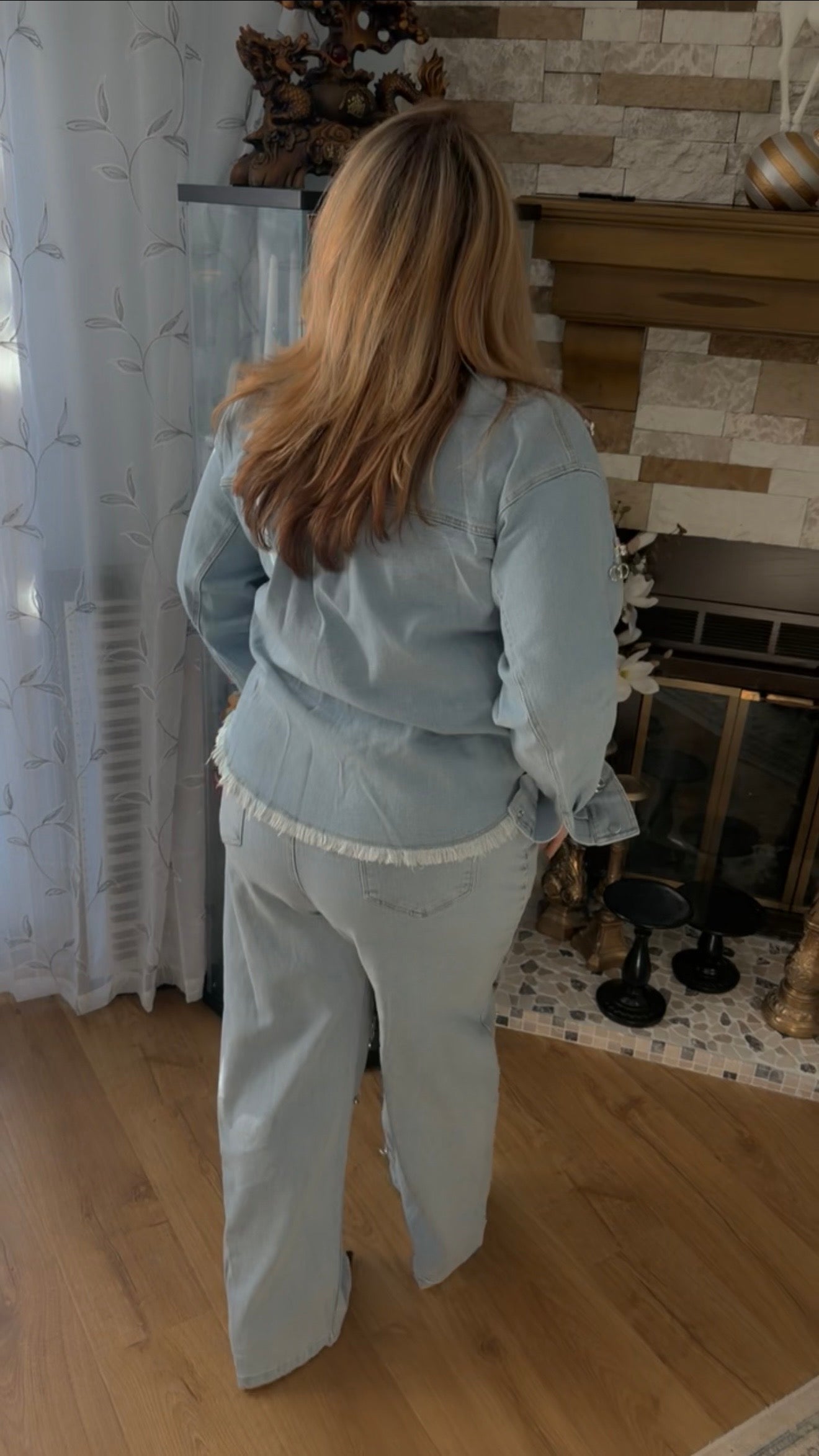 Light Blue Embellished Denim Two-Piece Set – Rhinestone Jacket & Wide Leg Jeans