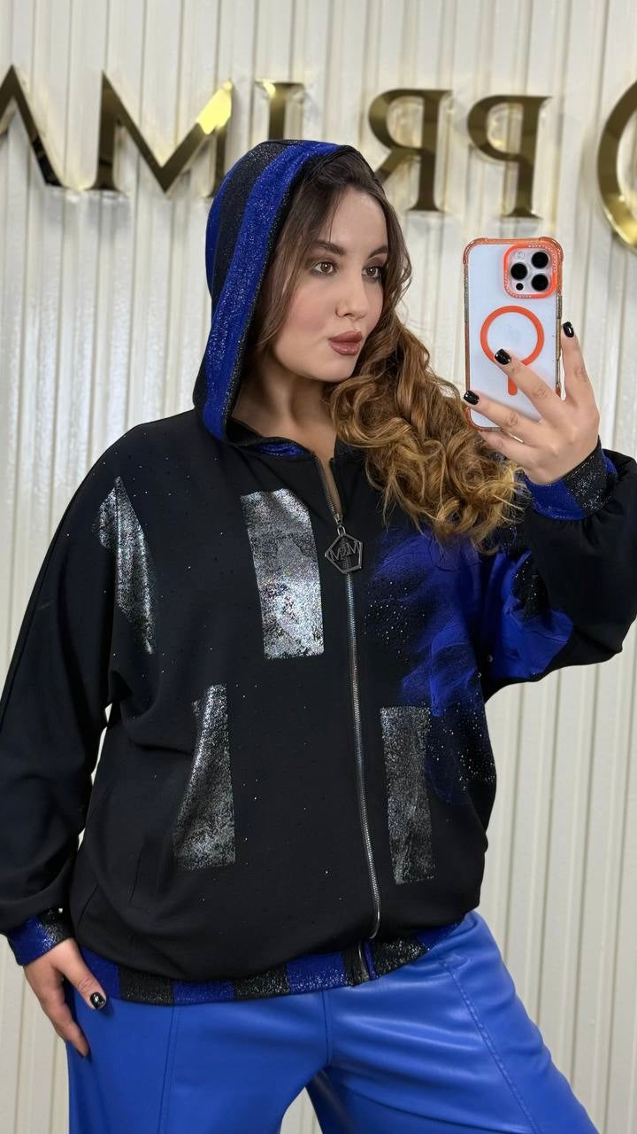 Chic Bomber Jacket with Voluminous Flower