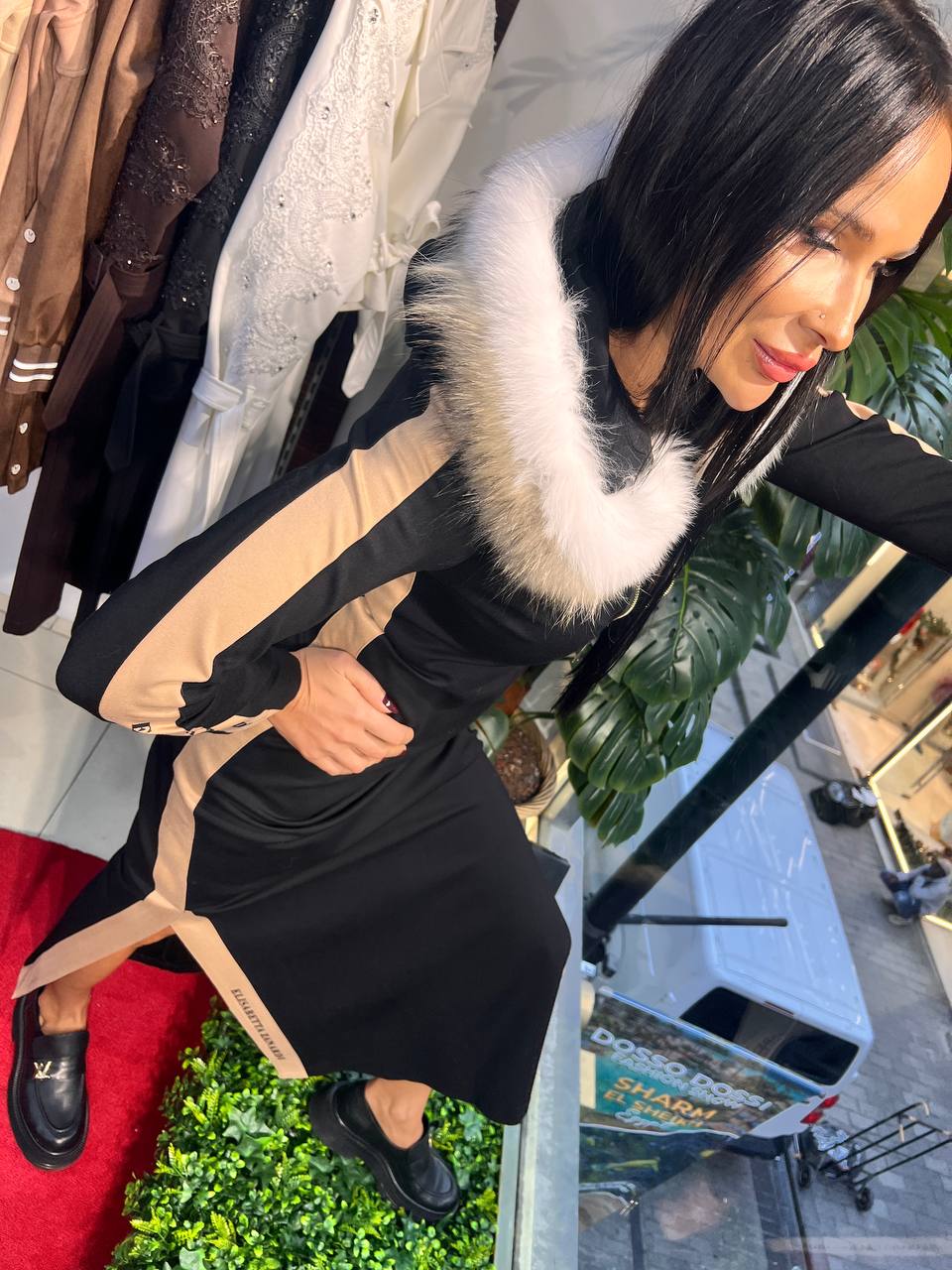 Plus Size Long Hooded Dress with Faux Fur Trim and Side Slits