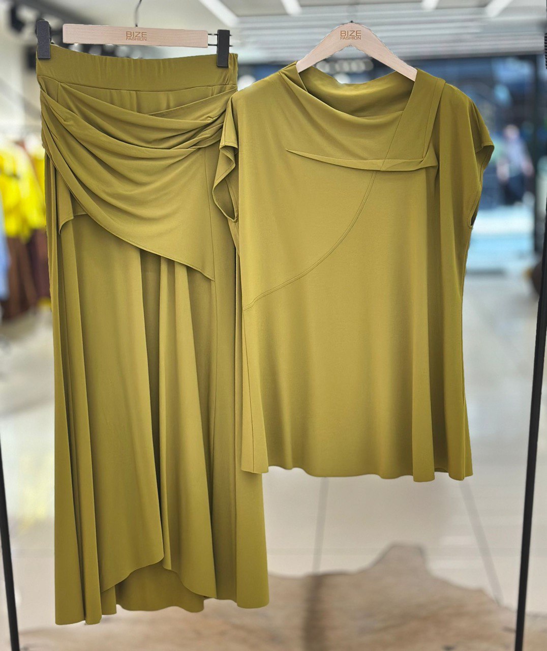 Olive Luxe Butter-Soft Two-Piece Set – Draped Top & Flowing Midi Skirt