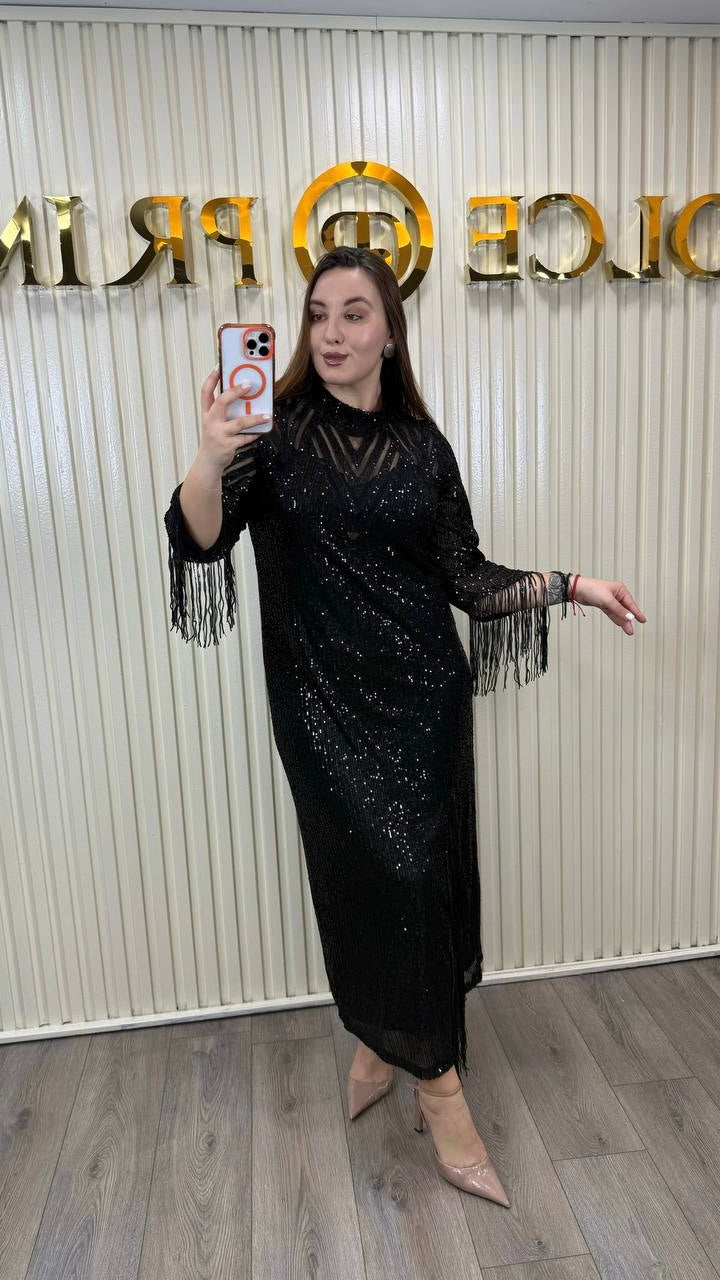 Riberance Glamorous Sequin Dress with Fringe Slit