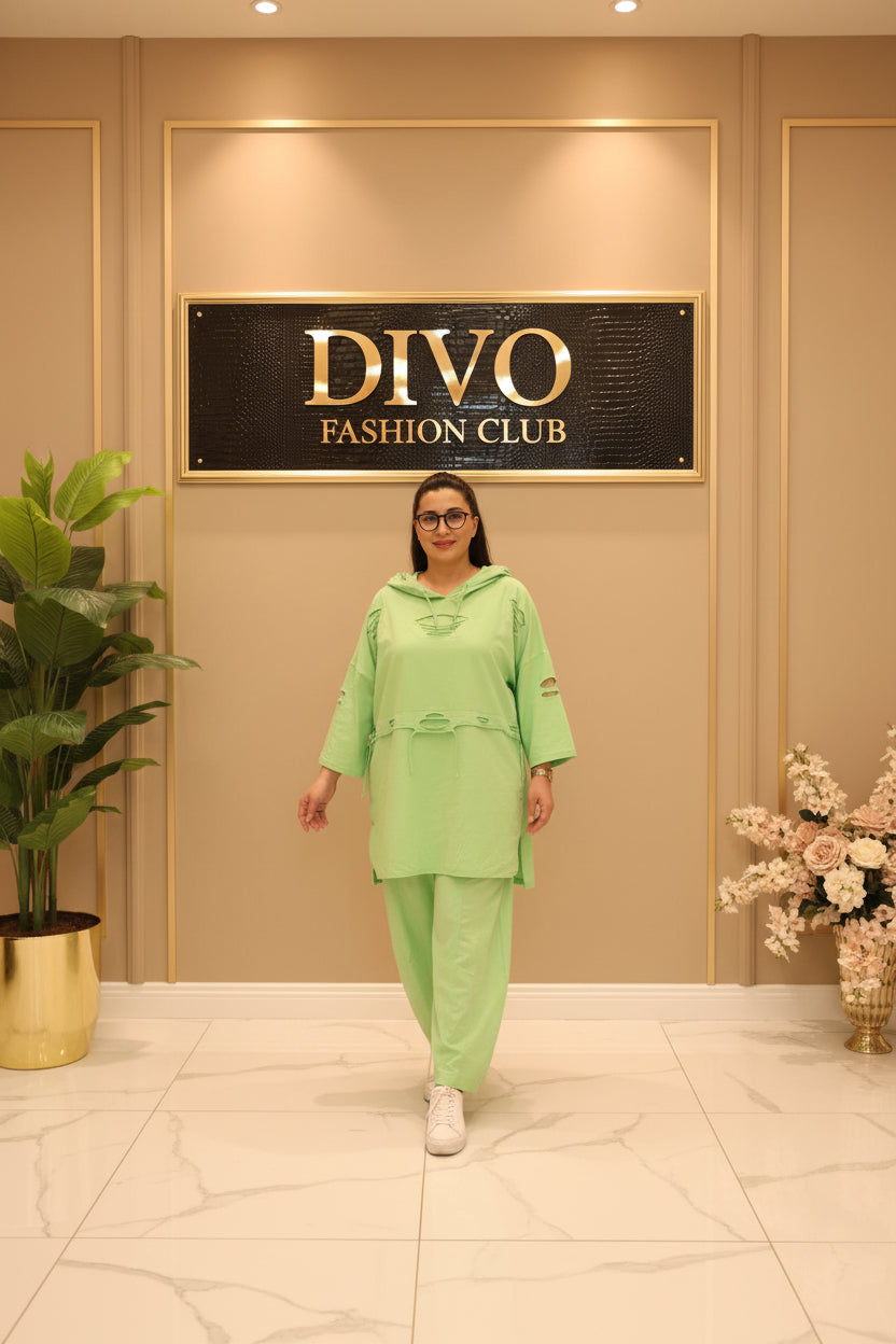 Neon Lime Oversized Distressed Hoodie & Wide-Leg Trouser Set