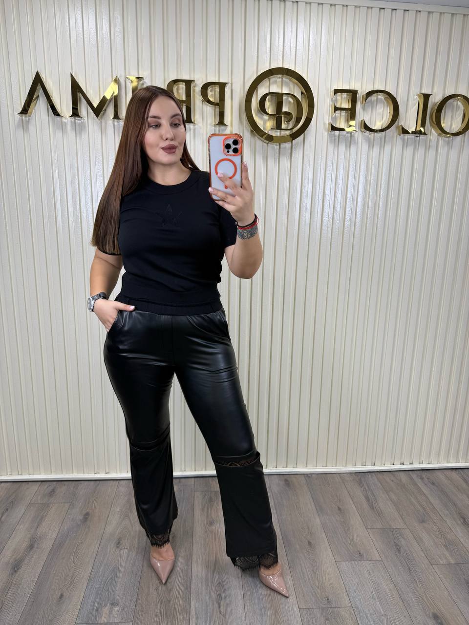 Classic Eco-Leather Pants with Lace Knee Detail