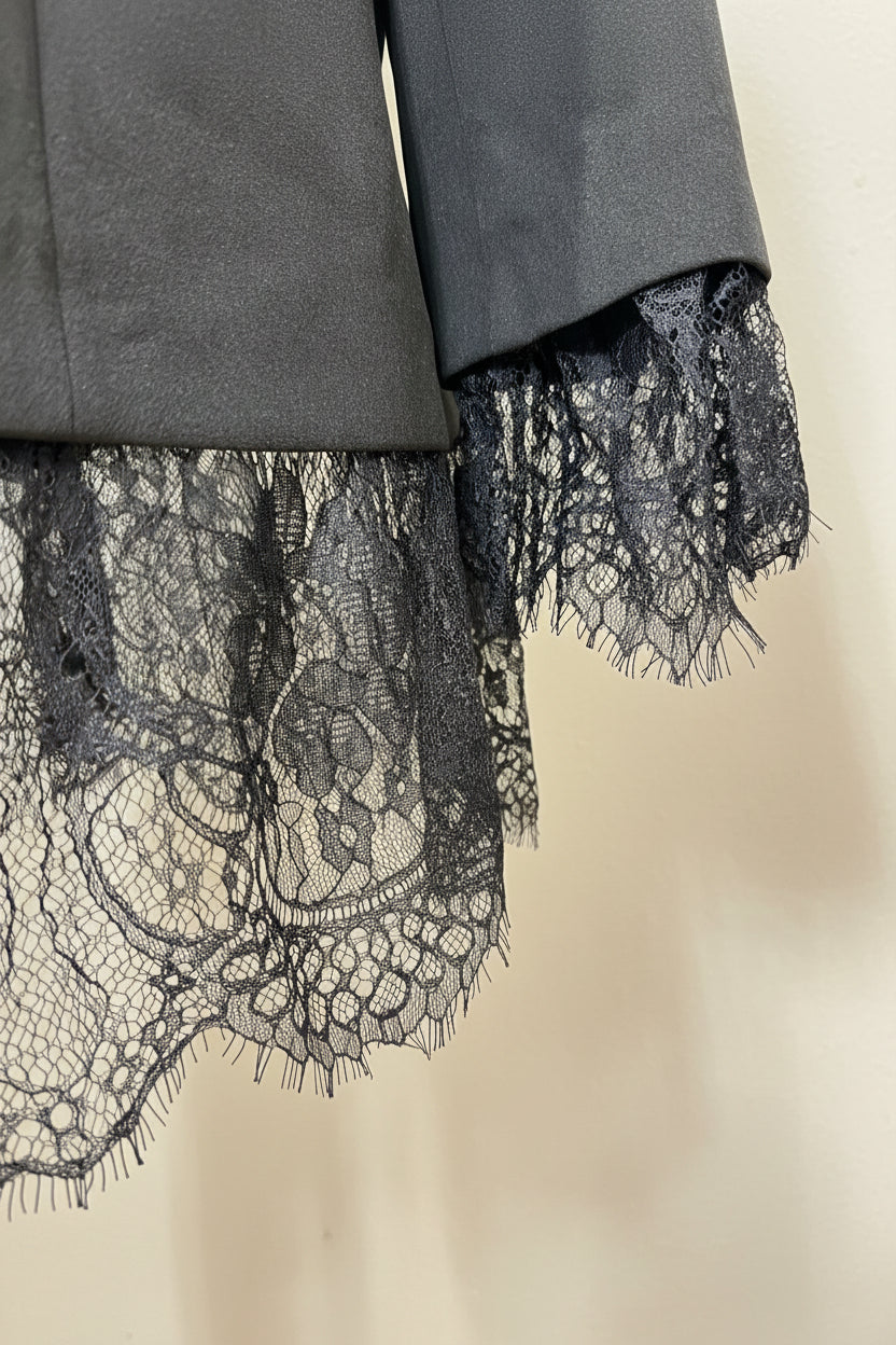 Black Fitted Blazer Dress with Lace Hem and Belted Waist - Sophisticated Tailored Style