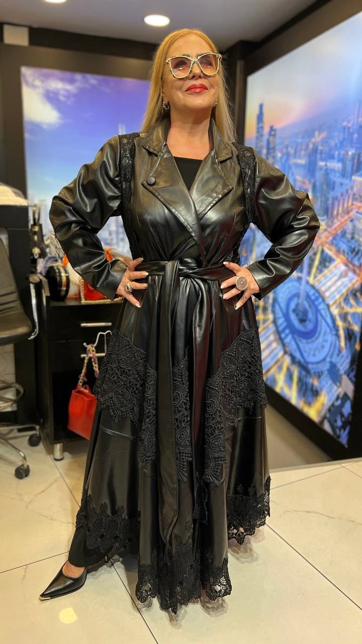 Riberance Eco Leather Dress - Trench with Lace Trim