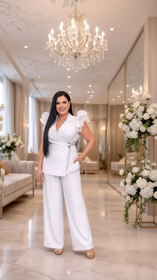 White Puff Sleeve Blazer Suit Set - Elegant Two-Piece Formal Outfit