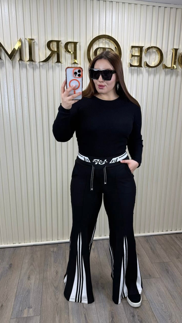 Black Flared Pants with Stripe Detail & Elastic Logo Waistband