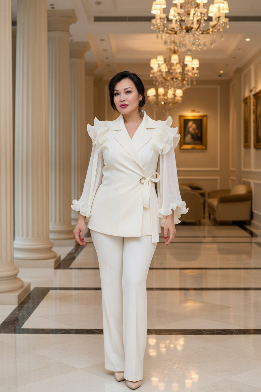Ivory Luxe Ruffle Sleeve Pant Set Suit