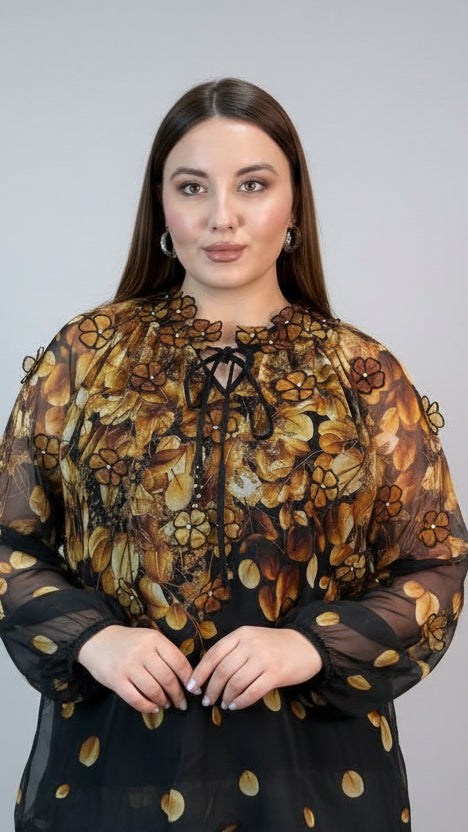 Riberance Sheer Black Blouse with Golden Floral Appliqué & Tie Neck Detail