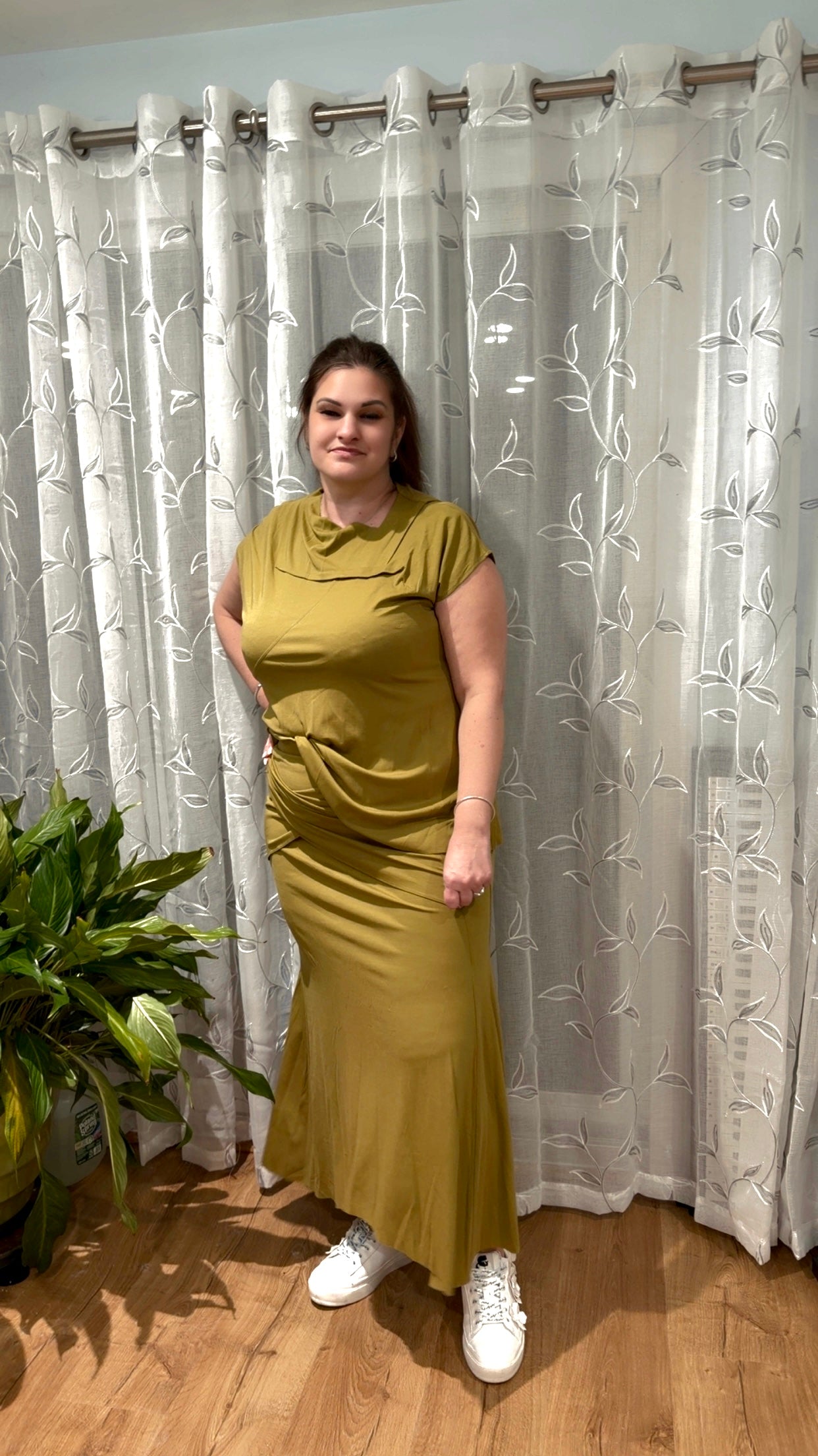 Olive Luxe Butter-Soft Two-Piece Set – Draped Top & Flowing Midi Skirt