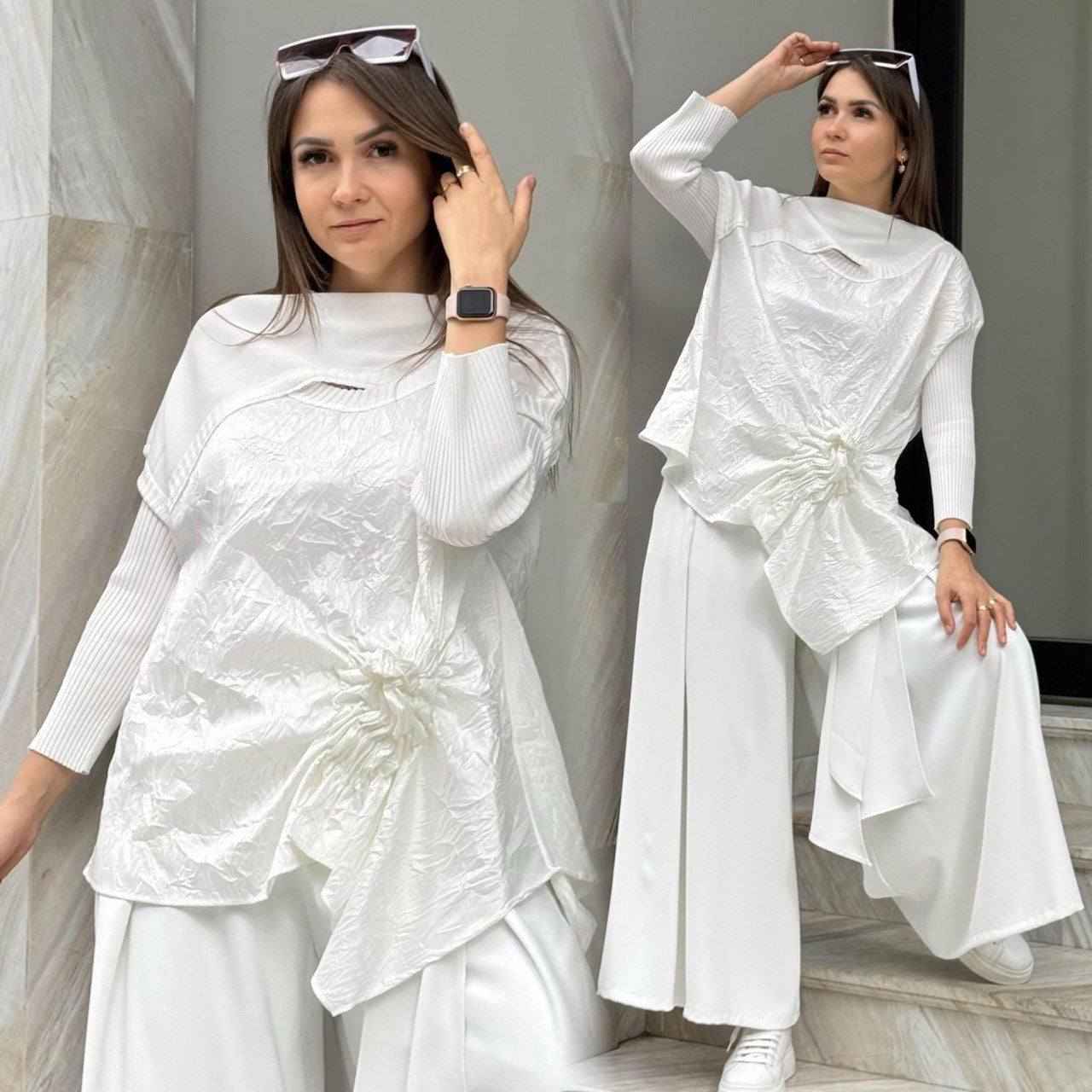 Bize Chic Tunic with Knitted Sleeves & Shoulder Zipper