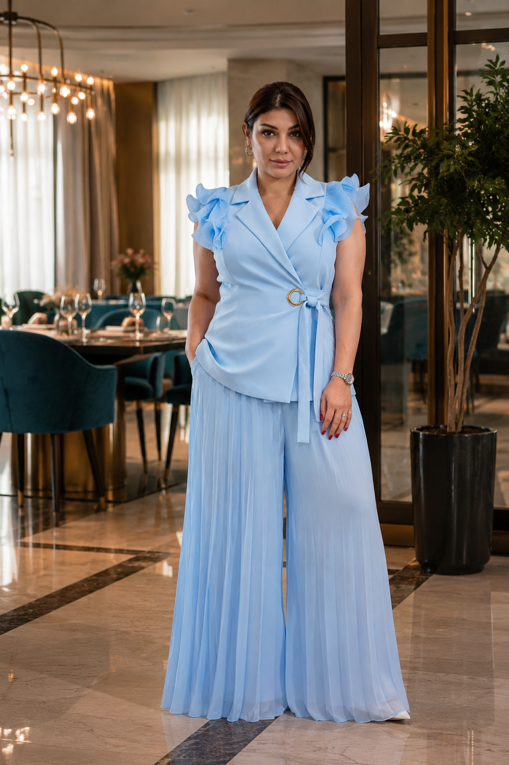 Elegant Pleated Chiffon Pants Set