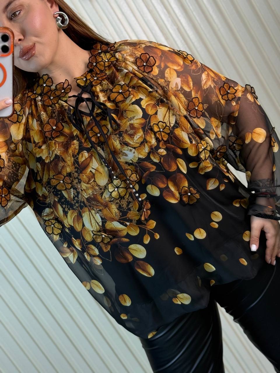 Riberance Sheer Black Blouse with Golden Floral Appliqué & Tie Neck Detail