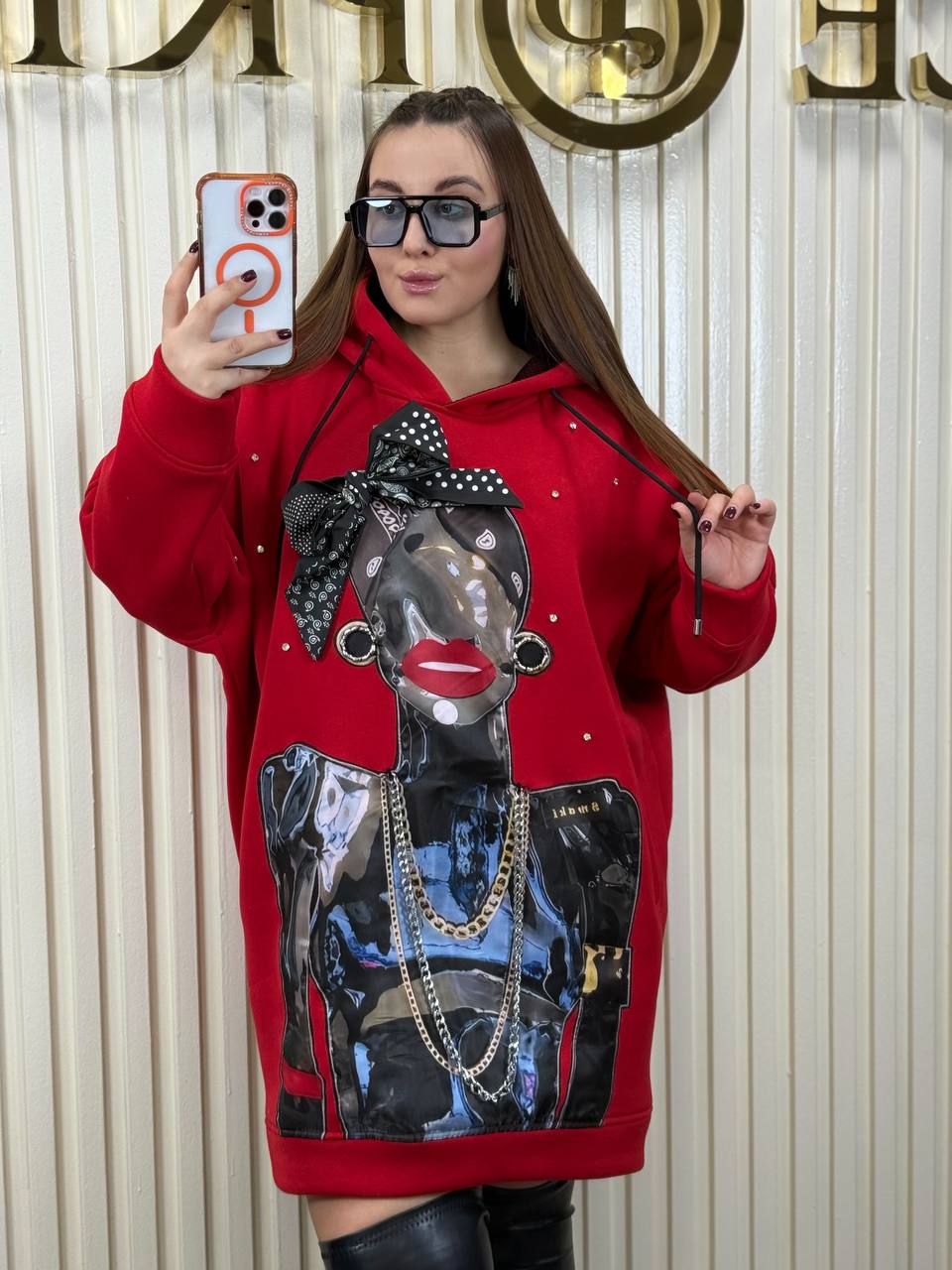 Riberance Statement Oversized Hoodie Dress with Chains, Rhinestones & 3D Bow