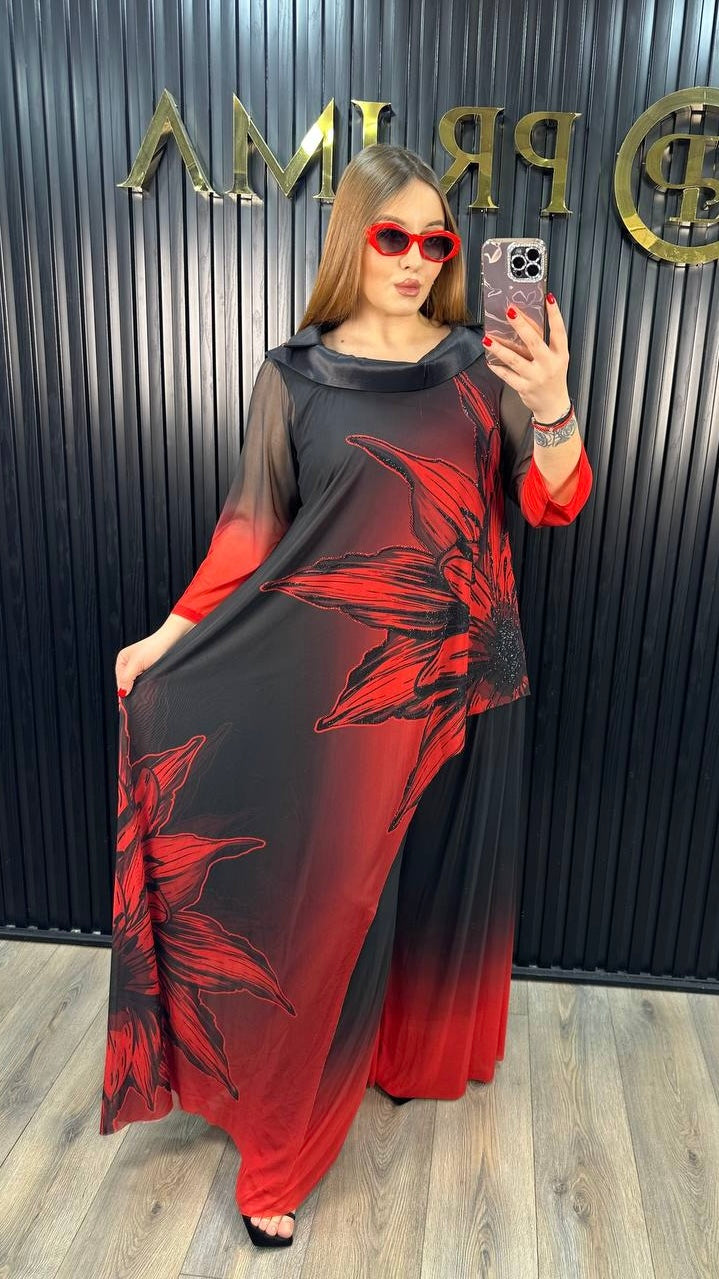 Black & Red Floral Mesh Overlay Wide-Leg Pants Set – Elegant Statement Look
