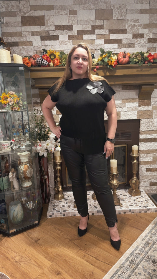 Bize Asymmetrical Knit Top with Flower Accent