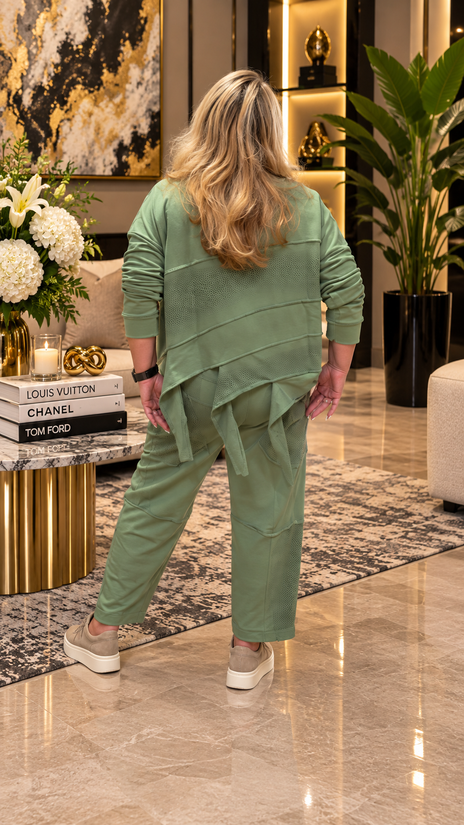 Sage Green Asymmetrical Mesh Detail Two-Piece Suit