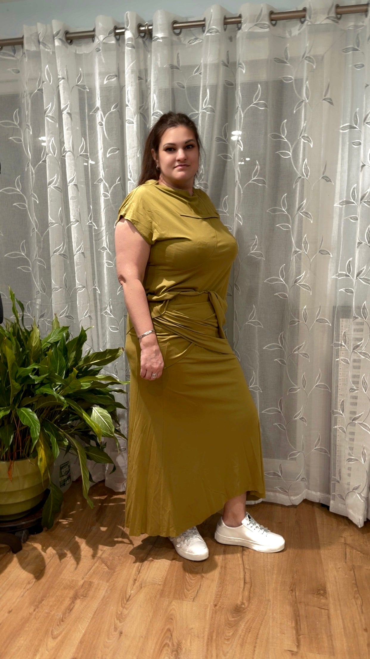 Olive Luxe Butter-Soft Two-Piece Set – Draped Top & Flowing Midi Skirt