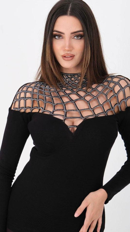 Black Rhinestone Mesh Cut-Out Long Sleeve Top – Elegant Statement Women’s Top