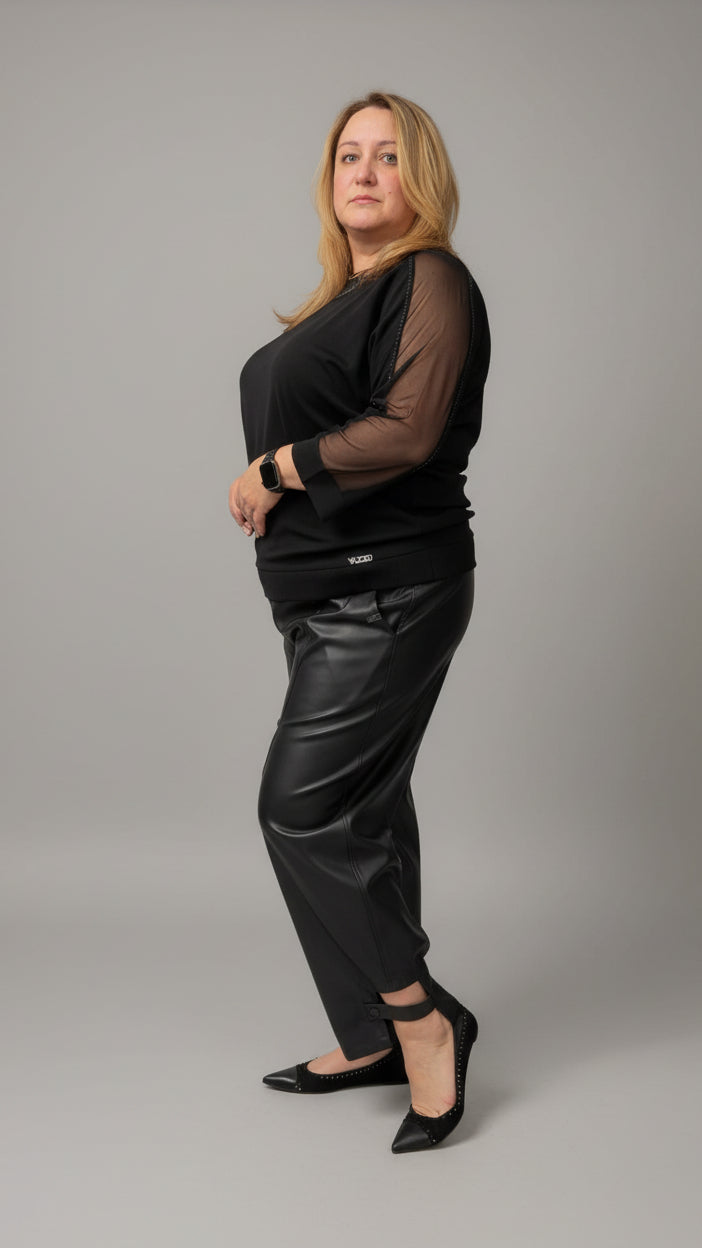 Black Sheer Mesh Sleeve Top – Elegant Plus Size Blouse