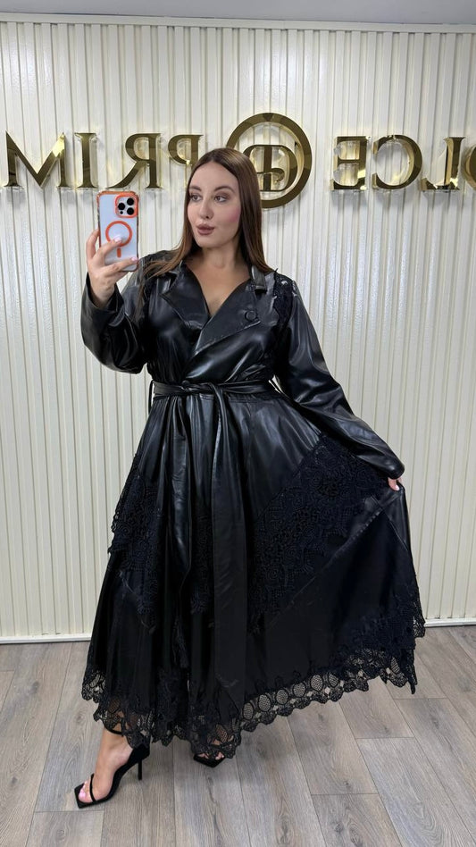 Riberance Eco Leather Dress - Trench with Lace Trim