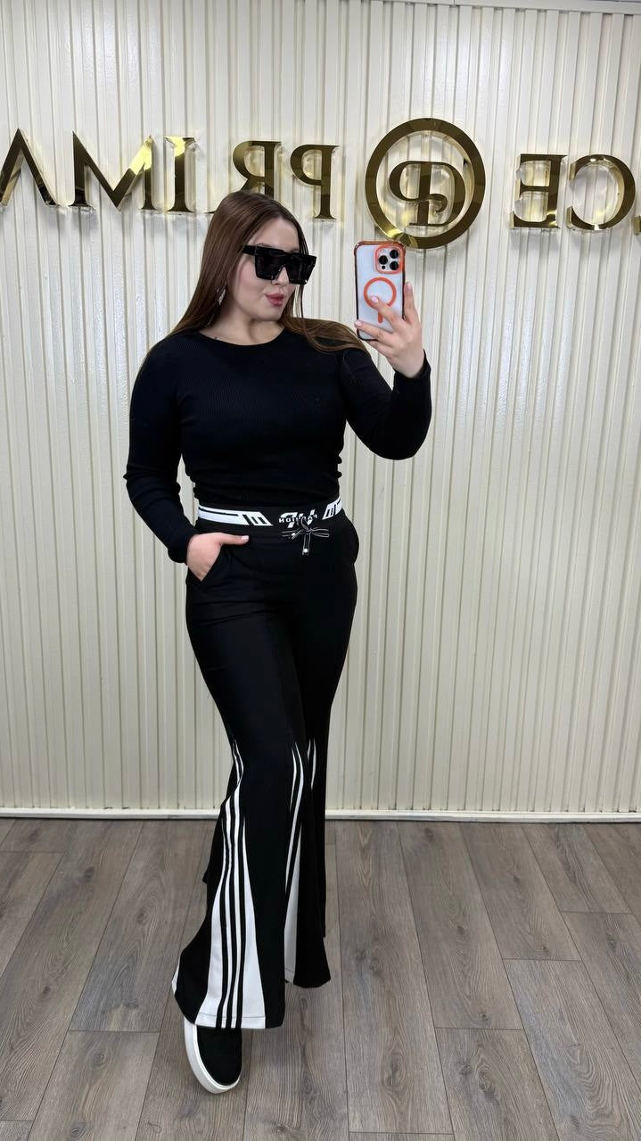 Black Flared Pants with Stripe Detail & Elastic Logo Waistband