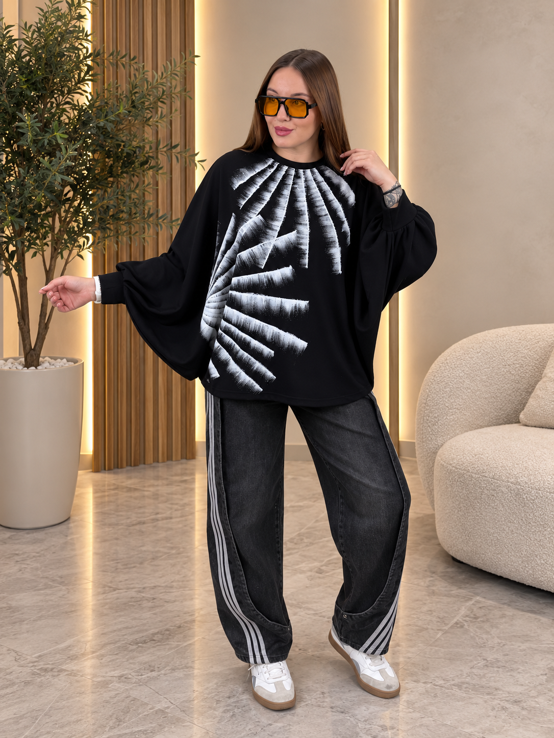 Black Wide-Leg Jeans with Silver Botanical Detail