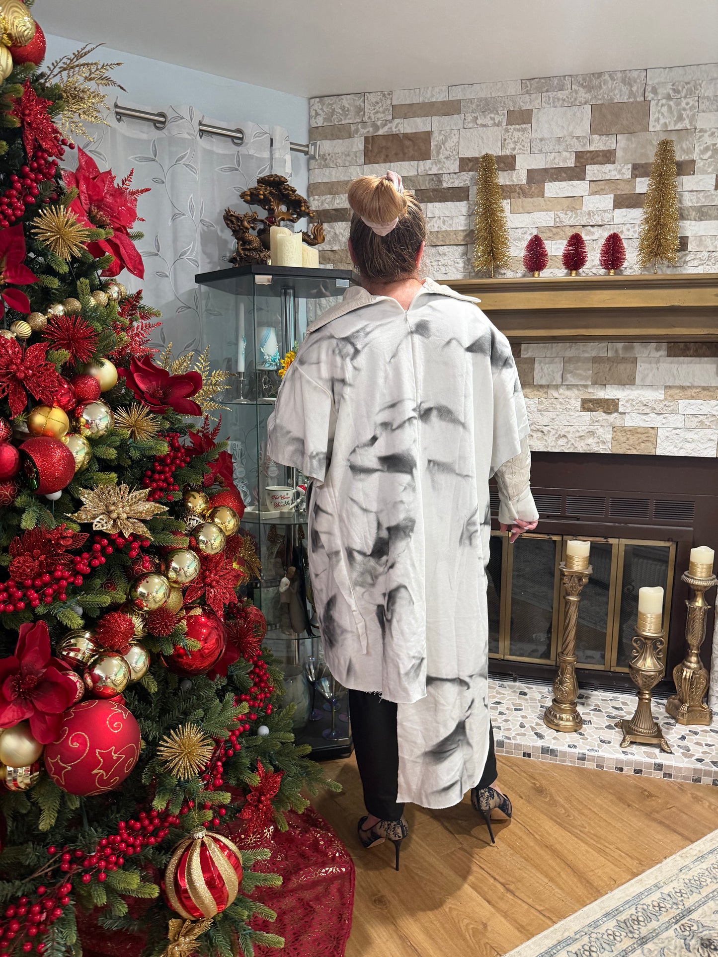 White Graphic Layered Tunic Top with Overlay & Statement Text