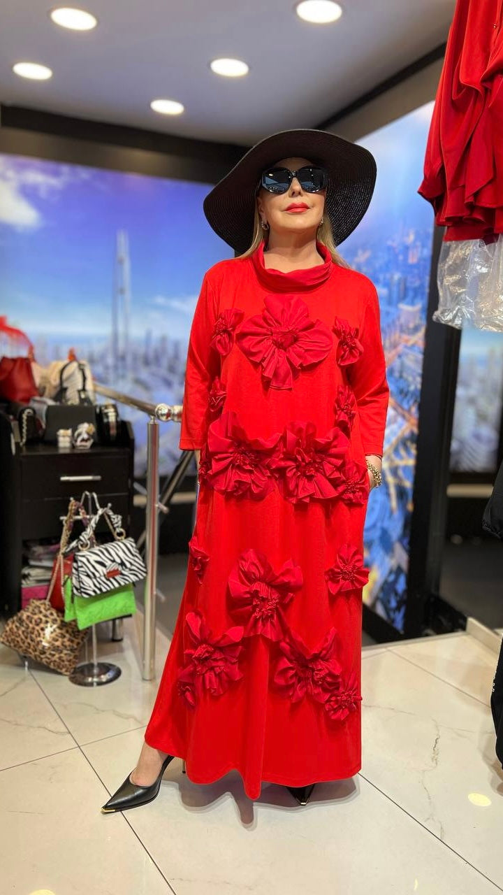 Izar Radiant Red Maxi Dress with Marvelous Flowers Design