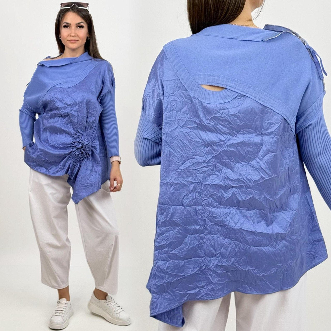 Bize Chic Tunic with Knitted Sleeves & Shoulder Zipper