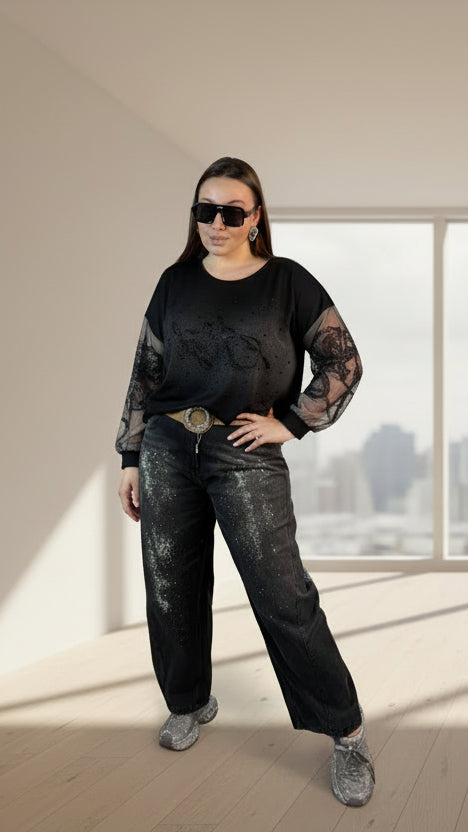 Midnight Glam Sheer Sleeve Top