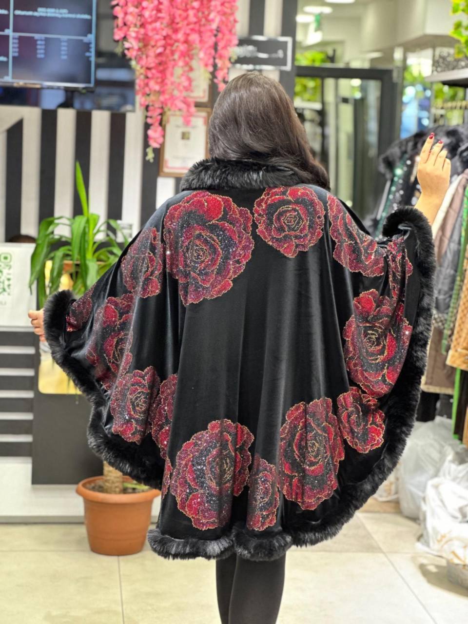 Velour Poncho with Faux Fur & Sparkling Red Roses Design