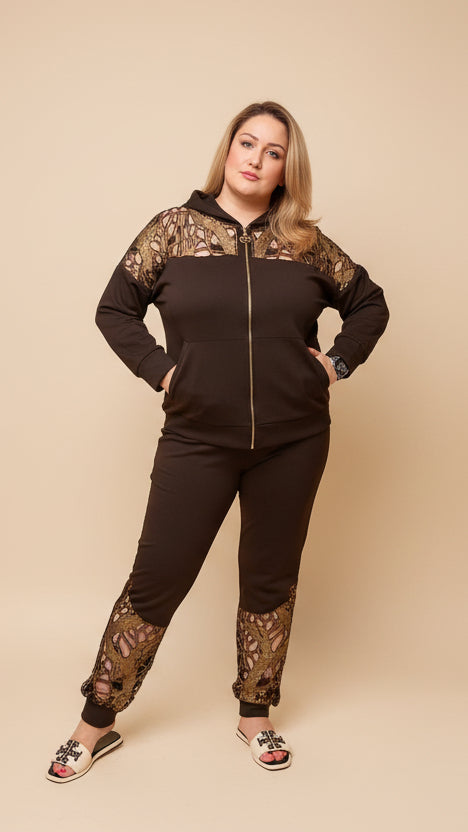 Brown Laser-Cut Rhinestone Two-Piece Set – Elegant Plus Size Matching Outfit