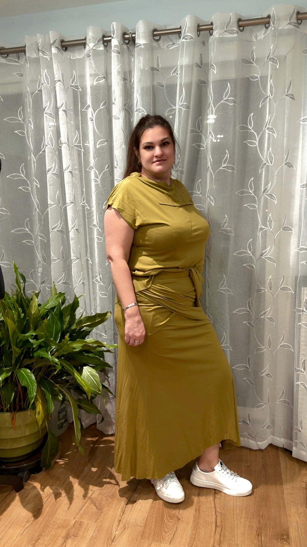 Olive Luxe Butter-Soft Two-Piece Set – Draped Top & Flowing Midi Skirt