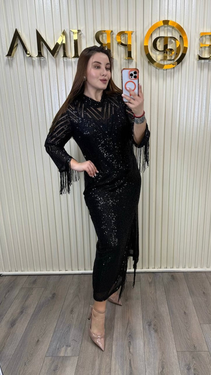 Riberance Glamorous Sequin Dress with Fringe Slit