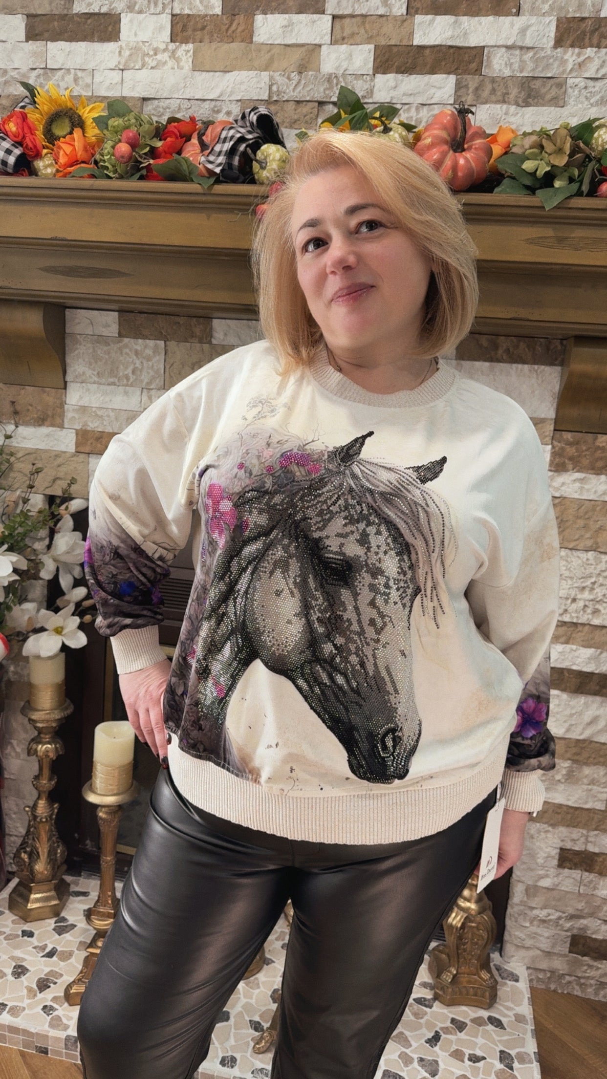Dolce Ivory Velour Top with Horse Emblem and Bloom Details