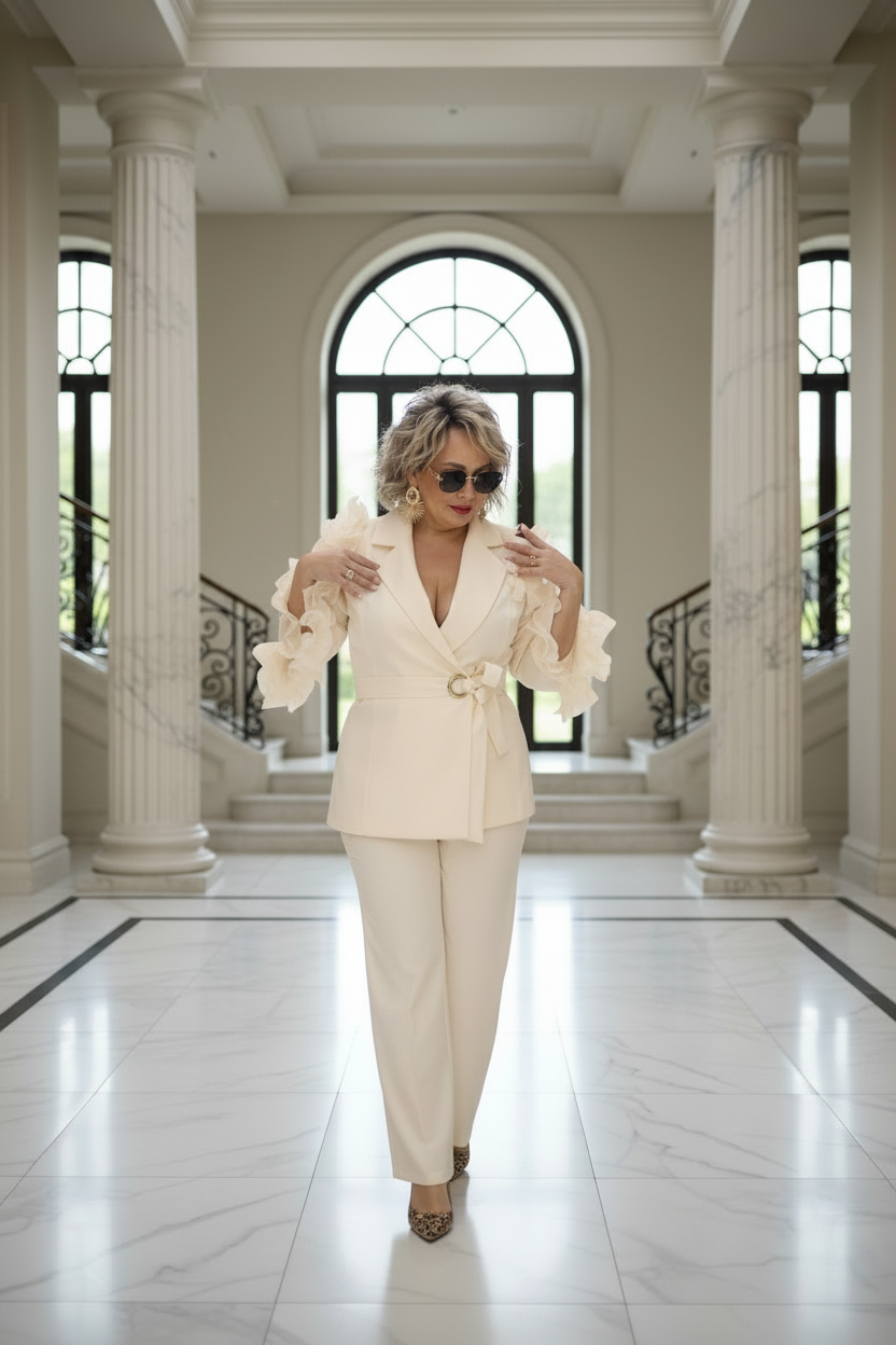 Ivory Luxe Ruffle Sleeve Pant Set Suit