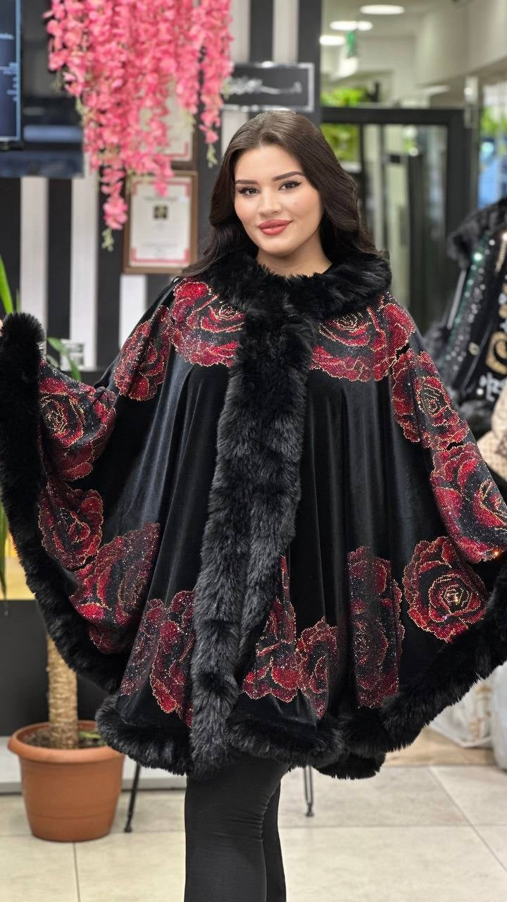 Velour Poncho with Faux Fur & Sparkling Red Roses Design