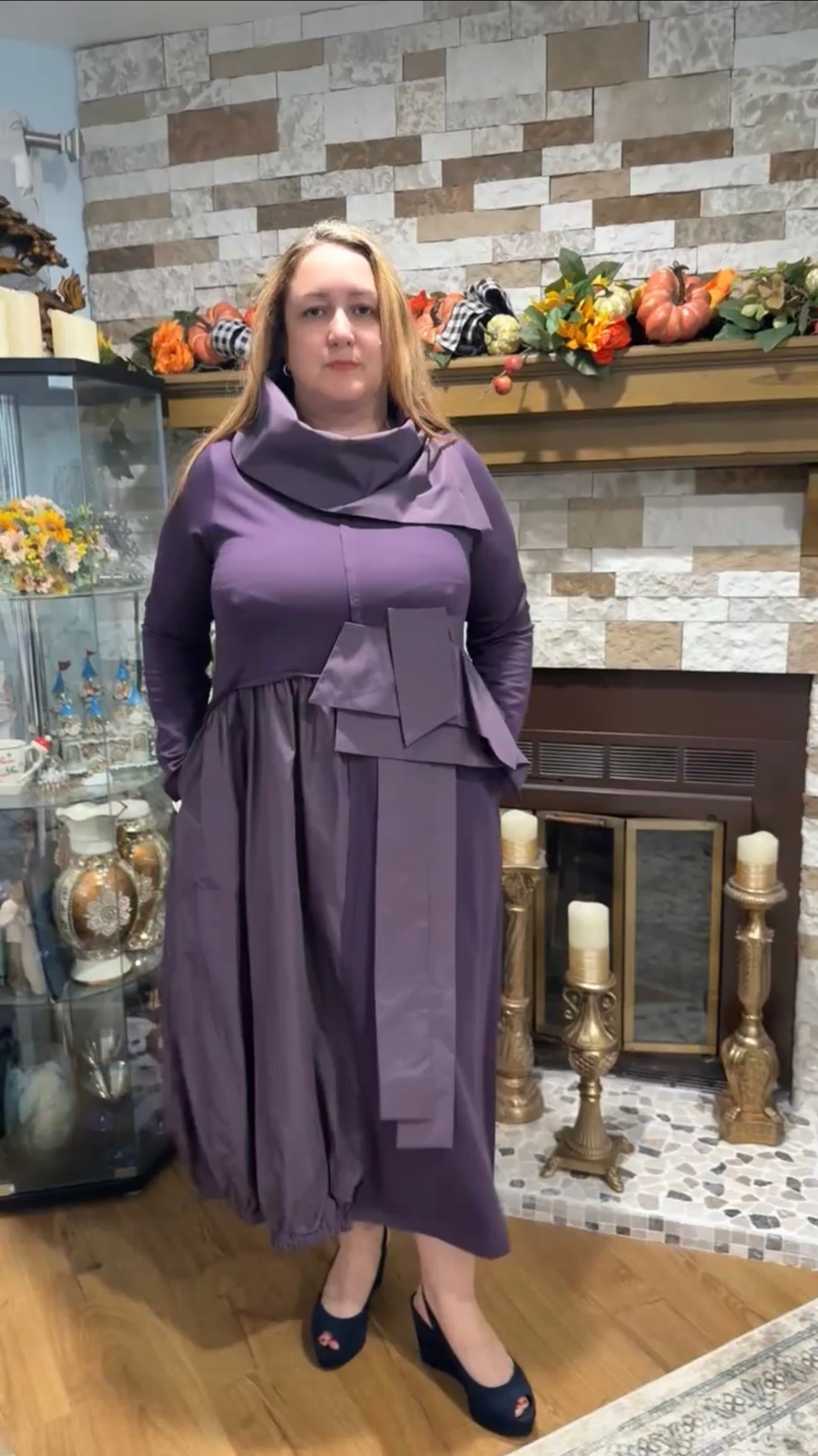 Bize Knitted Purple Dress with Taffeta Skirt & Removable Collar