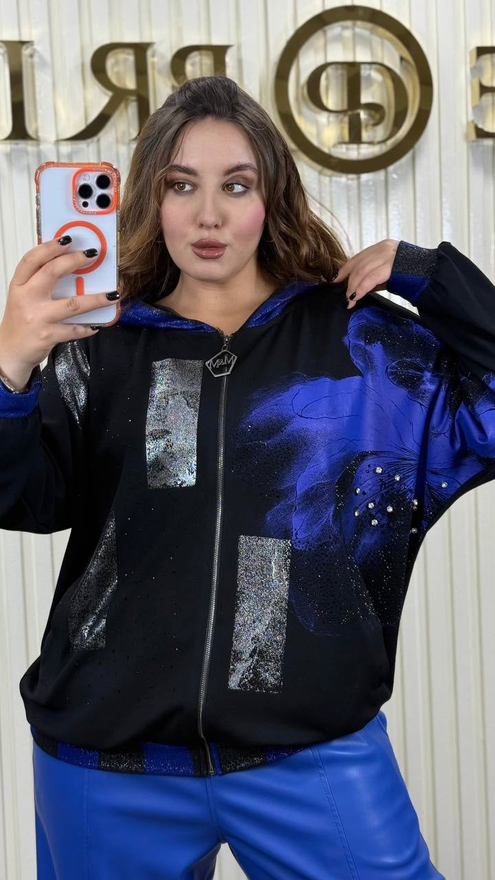 Chic Bomber Jacket with Voluminous Flower