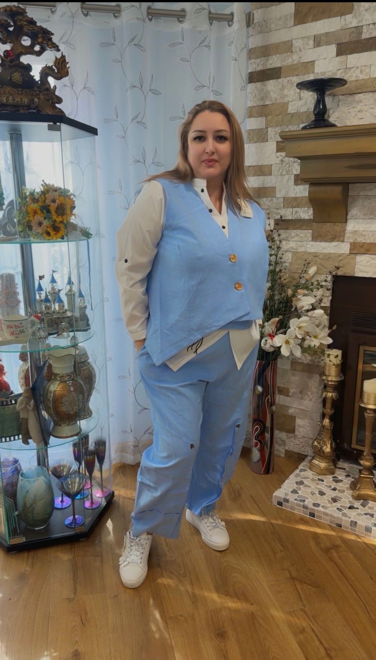Women's Sleeveless Two-Piece Linen Set - Sky Blue