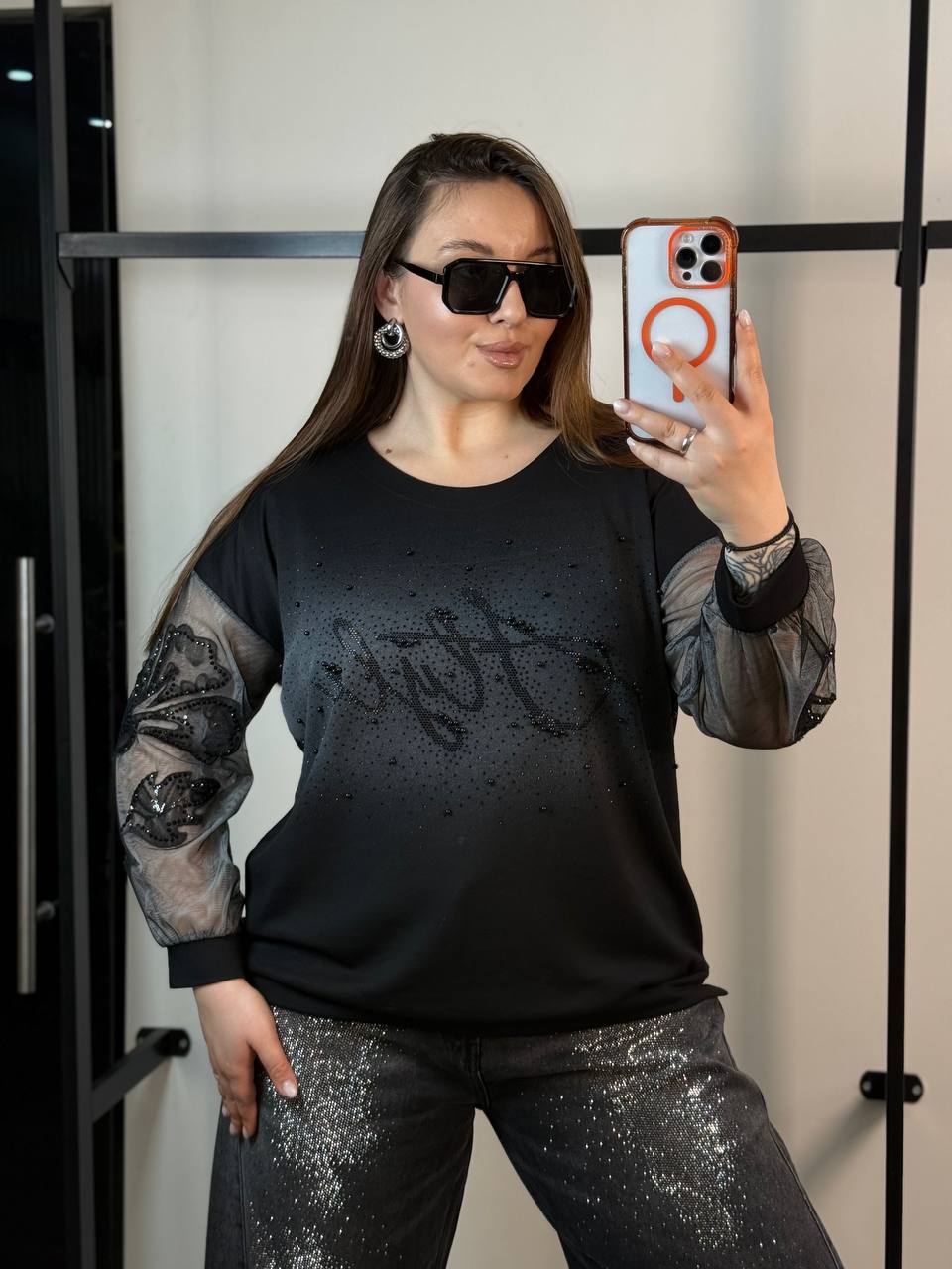 Midnight Glam Sheer Sleeve Top